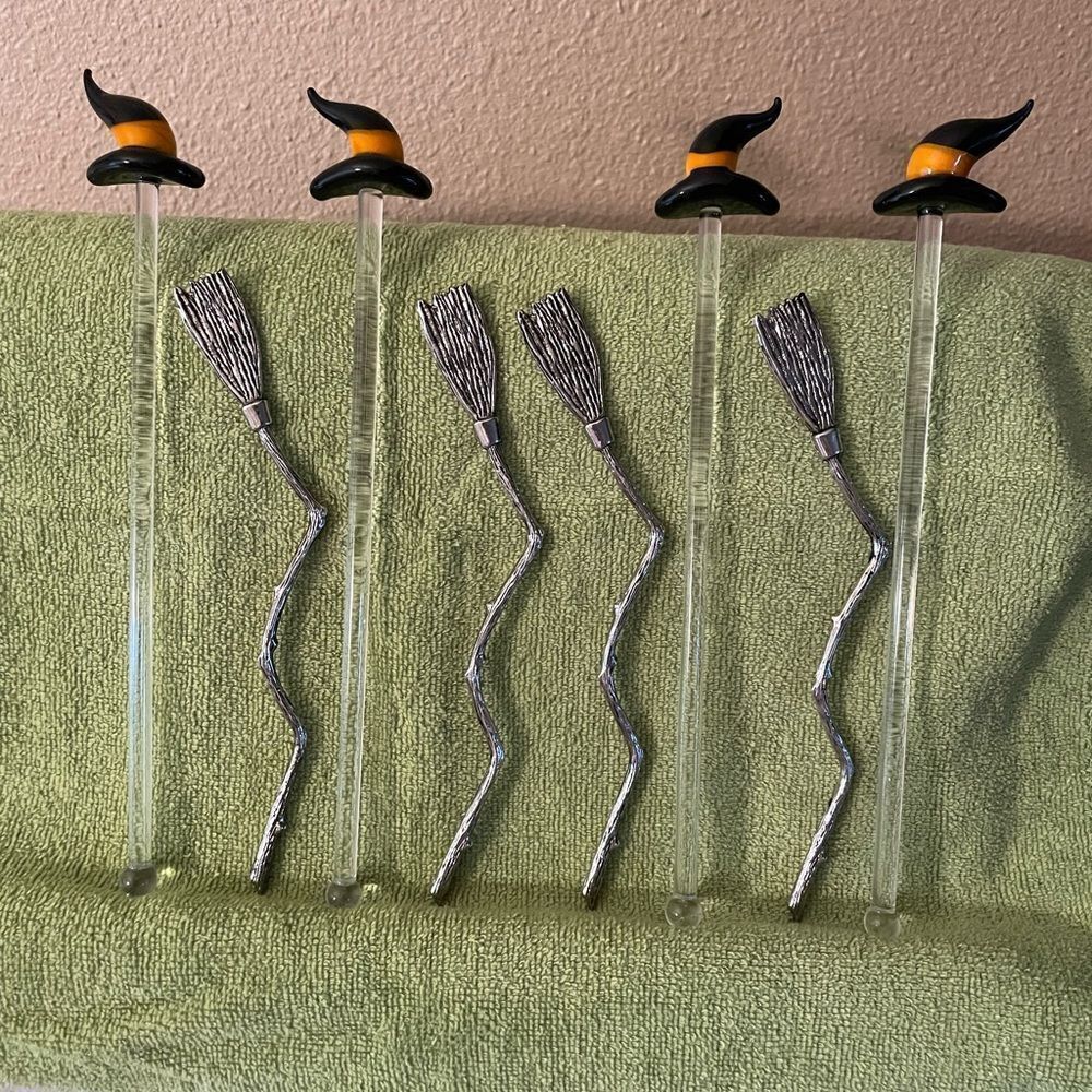 Blown Glass Witch Hat Stir Sticks Metal Broom Stir Sticks lot of 8!